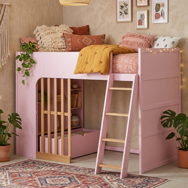 English Elm Twin High Sleeper Loft Bed with Built-In Shelves Oak Accents and Under Drawer Pink LT000432AAH