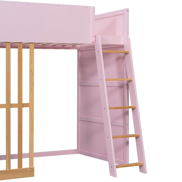 English Elm Twin High Sleeper Loft Bed with Built-In Shelves Oak Accents and Under Drawer Pink LT000432AAH