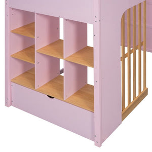 English Elm Twin High Sleeper Loft Bed with Built-In Shelves Oak Accents and Under Drawer Pink LT000432AAH