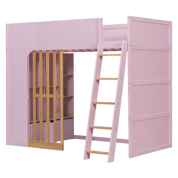 English Elm Twin High Sleeper Loft Bed with Built-In Shelves Oak Accents and Under Drawer Pink LT000432AAH
