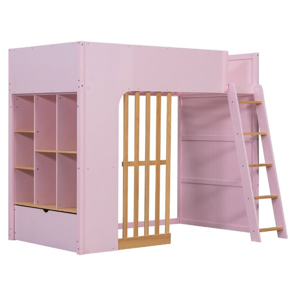 English Elm Twin High Sleeper Loft Bed with Built-In Shelves Oak Accents and Under Drawer Pink LT000432AAH