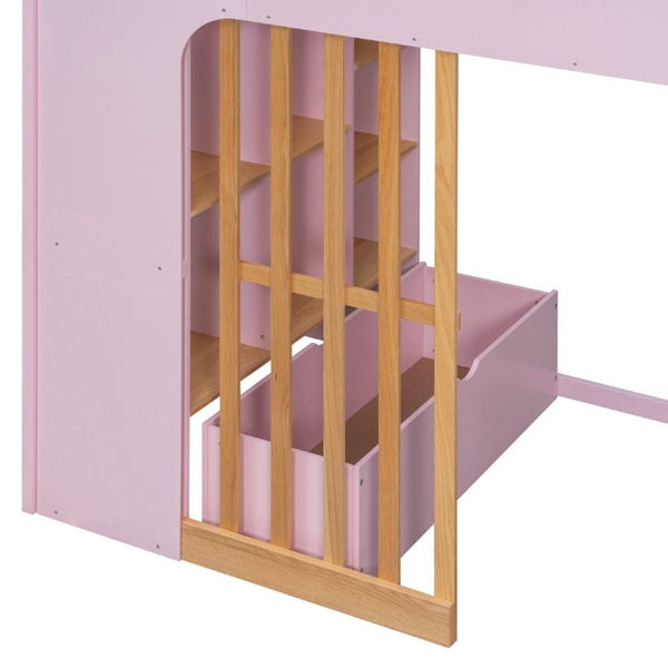 English Elm Twin High Sleeper Loft Bed with Built-In Shelves Oak Accents and Under Drawer Pink LT000432AAH