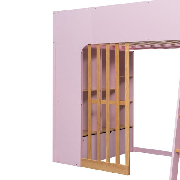 English Elm Twin High Sleeper Loft Bed with Built-In Shelves Oak Accents and Under Drawer Pink LT000432AAH