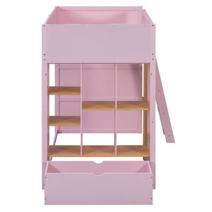 English Elm Twin High Sleeper Loft Bed with Built-In Shelves Oak Accents and Under Drawer Pink LT000432AAH