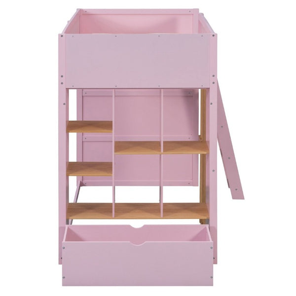 English Elm Twin High Sleeper Loft Bed with Built-In Shelves Oak Accents and Under Drawer Pink LT000432AAH