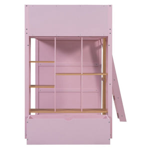 English Elm Twin High Sleeper Loft Bed with Built-In Shelves Oak Accents and Under Drawer Pink LT000432AAH