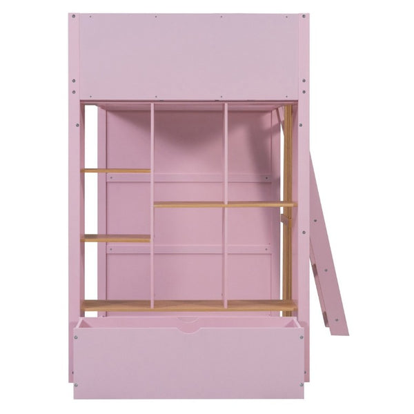 English Elm Twin High Sleeper Loft Bed with Built-In Shelves Oak Accents and Under Drawer Pink LT000432AAH