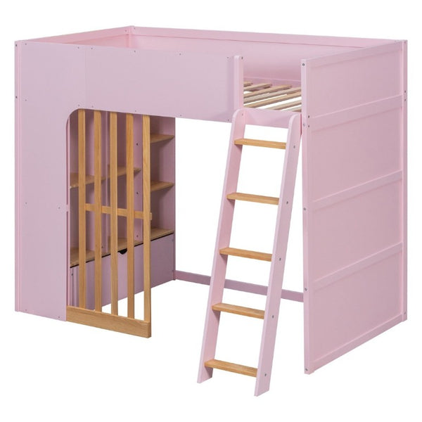 English Elm Twin High Sleeper Loft Bed with Built-In Shelves Oak Accents and Under Drawer Pink LT000432AAH