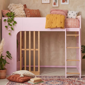 English Elm Twin High Sleeper Loft Bed with Built-In Shelves Oak Accents and Under Drawer Pink LT000432AAH