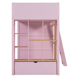 English Elm Twin High Sleeper Loft Bed with Built-In Shelves Oak Accents and Under Drawer Pink LT000432AAH