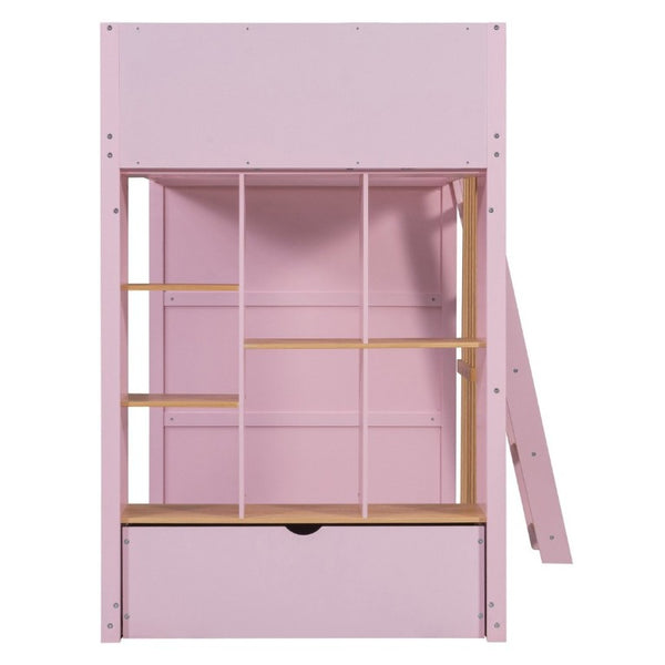 English Elm Twin High Sleeper Loft Bed with Built-In Shelves Oak Accents and Under Drawer Pink LT000432AAH