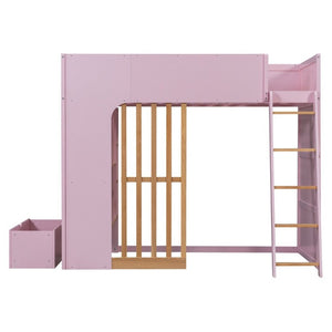 English Elm Twin High Sleeper Loft Bed with Built-In Shelves Oak Accents and Under Drawer Pink LT000432AAH