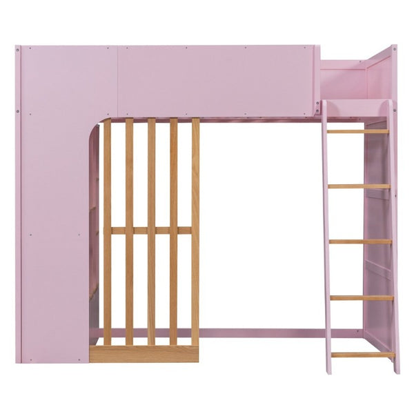 English Elm Twin High Sleeper Loft Bed with Built-In Shelves Oak Accents and Under Drawer Pink LT000432AAH