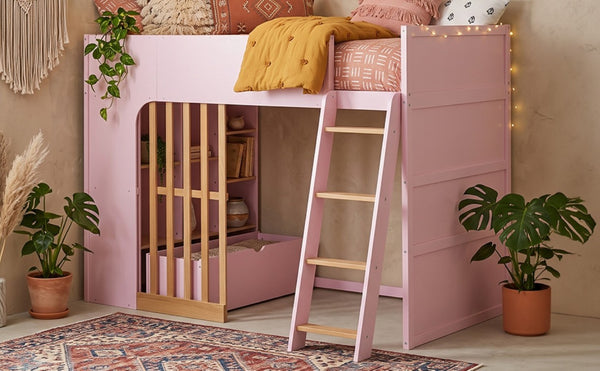 English Elm Twin High Sleeper Loft Bed with Built-In Shelves Oak Accents and Under Drawer Pink LT000432AAH