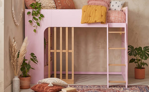 English Elm Twin High Sleeper Loft Bed with Built-In Shelves Oak Accents and Under Drawer Pink LT000432AAH