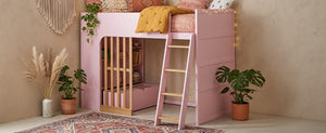 English Elm Twin High Sleeper Loft Bed with Built-In Shelves Oak Accents and Under Drawer Pink LT000432AAH