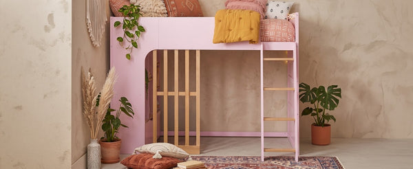 English Elm Twin High Sleeper Loft Bed with Built-In Shelves Oak Accents and Under Drawer Pink LT000432AAH