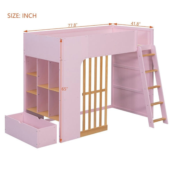 English Elm Twin High Sleeper Loft Bed with Built-In Shelves Oak Accents and Under Drawer Pink LT000432AAH