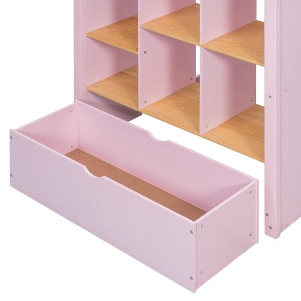 English Elm Twin High Sleeper Loft Bed with Built-In Shelves Oak Accents and Under Drawer Pink LT000432AAH