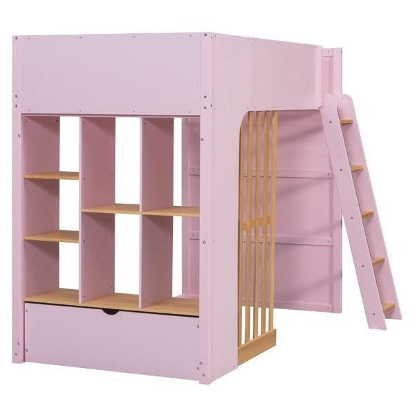 English Elm Twin High Sleeper Loft Bed with Built-In Shelves Oak Accents and Under Drawer Pink LT000432AAH