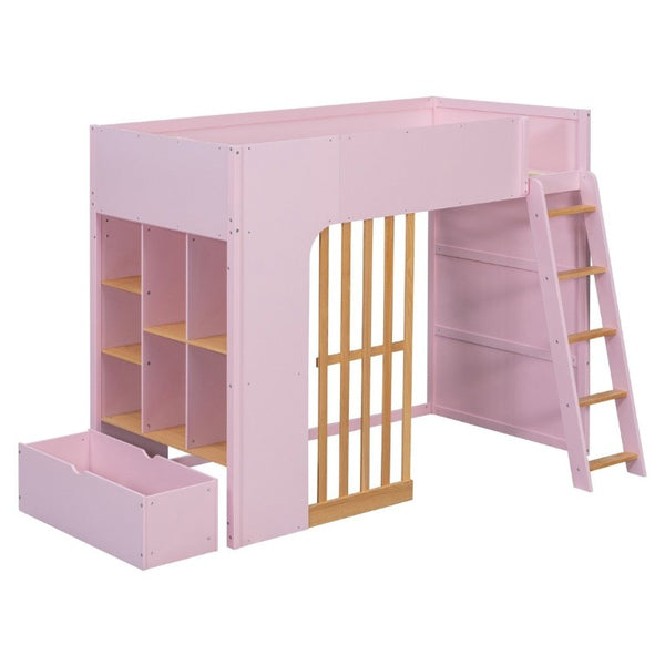 English Elm Twin High Sleeper Loft Bed with Built-In Shelves Oak Accents and Under Drawer Pink LT000432AAH