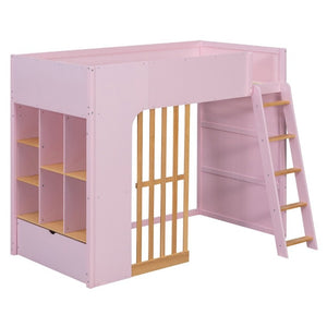 English Elm Twin High Sleeper Loft Bed with Built-In Shelves Oak Accents and Under Drawer Pink LT000432AAH