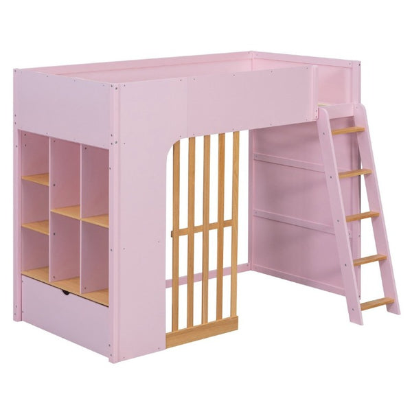 English Elm Twin High Sleeper Loft Bed with Built-In Shelves Oak Accents and Under Drawer Pink LT000432AAH