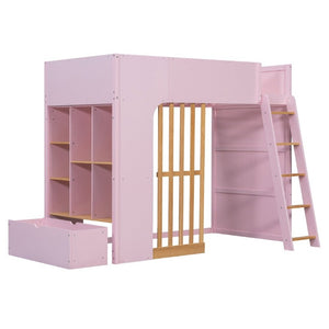 English Elm Twin High Sleeper Loft Bed with Built-In Shelves Oak Accents and Under Drawer Pink LT000432AAH