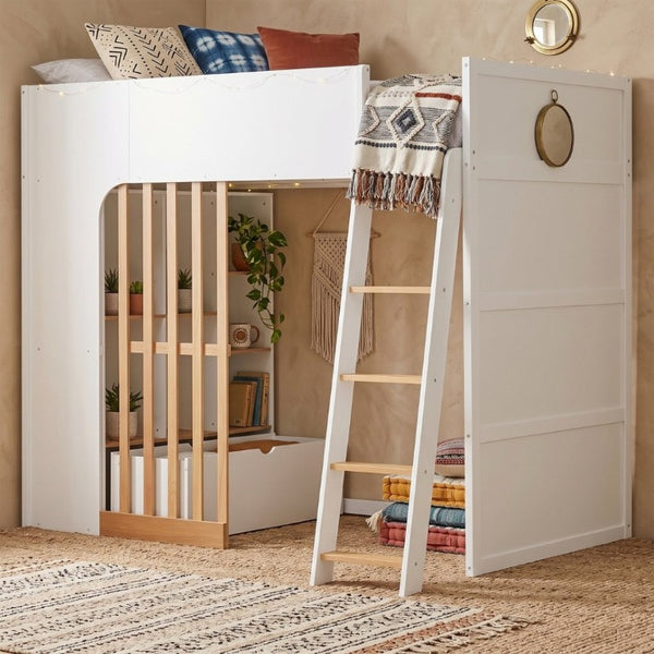 English Elm Twin High Sleeper Loft Bed with Built-In Shelves Oak Accents and Under Drawer White+Natural LT000432AAK