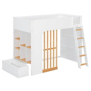 English Elm Twin High Sleeper Loft Bed with Built-In Shelves Oak Accents and Under Drawer White+Natural LT000432AAK