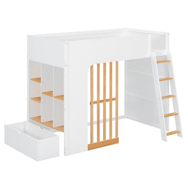 English Elm Twin High Sleeper Loft Bed with Built-In Shelves Oak Accents and Under Drawer White+Natural LT000432AAK