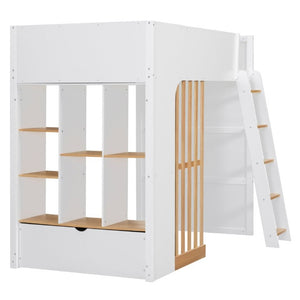 English Elm Twin High Sleeper Loft Bed with Built-In Shelves Oak Accents and Under Drawer White+Natural LT000432AAK