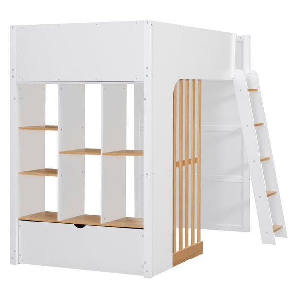 English Elm Twin High Sleeper Loft Bed with Built-In Shelves Oak Accents and Under Drawer White+Natural LT000432AAK