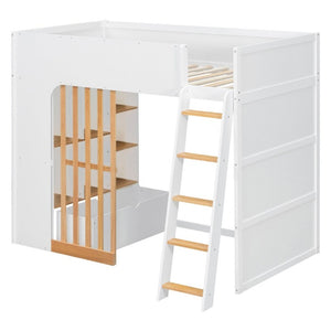 English Elm Twin High Sleeper Loft Bed with Built-In Shelves Oak Accents and Under Drawer White+Natural LT000432AAK