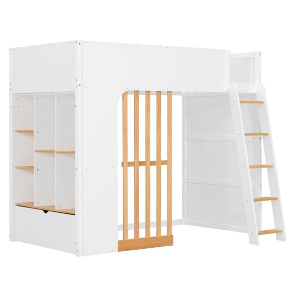English Elm Twin High Sleeper Loft Bed with Built-In Shelves Oak Accents and Under Drawer White+Natural LT000432AAK