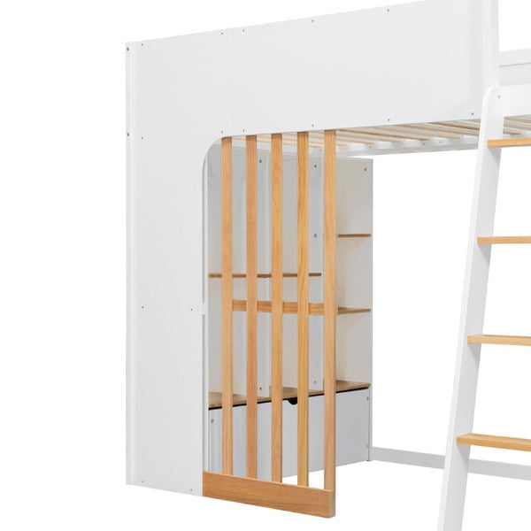 English Elm Twin High Sleeper Loft Bed with Built-In Shelves Oak Accents and Under Drawer White+Natural LT000432AAK