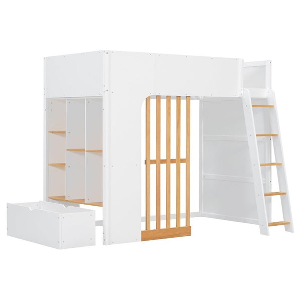 English Elm Twin High Sleeper Loft Bed with Built-In Shelves Oak Accents and Under Drawer White+Natural LT000432AAK