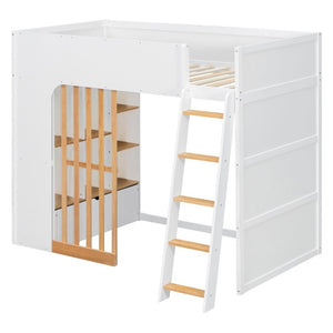 English Elm Twin High Sleeper Loft Bed with Built-In Shelves Oak Accents and Under Drawer White+Natural LT000432AAK