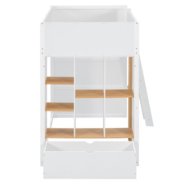 English Elm Twin High Sleeper Loft Bed with Built-In Shelves Oak Accents and Under Drawer White+Natural LT000432AAK