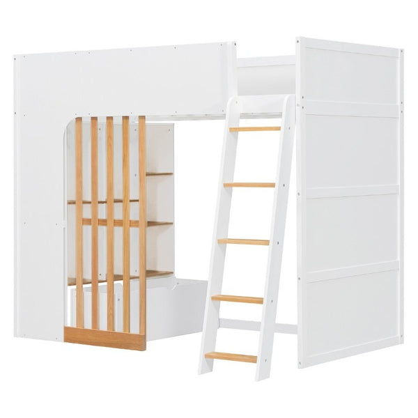English Elm Twin High Sleeper Loft Bed with Built-In Shelves Oak Accents and Under Drawer White+Natural LT000432AAK