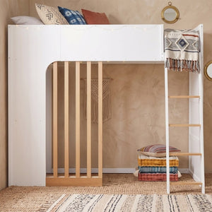 English Elm Twin High Sleeper Loft Bed with Built-In Shelves Oak Accents and Under Drawer White+Natural LT000432AAK