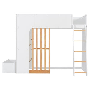English Elm Twin High Sleeper Loft Bed with Built-In Shelves Oak Accents and Under Drawer White+Natural LT000432AAK