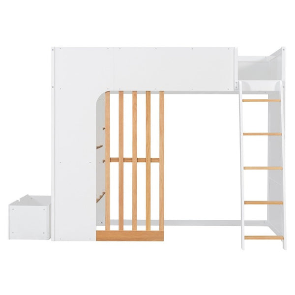 English Elm Twin High Sleeper Loft Bed with Built-In Shelves Oak Accents and Under Drawer White+Natural LT000432AAK