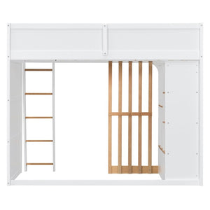 English Elm Twin High Sleeper Loft Bed with Built-In Shelves Oak Accents and Under Drawer White+Natural LT000432AAK