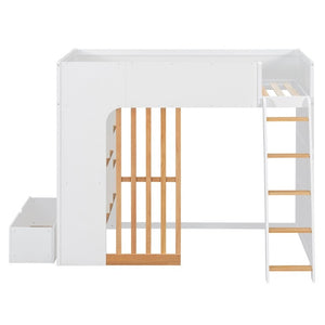 English Elm Twin High Sleeper Loft Bed with Built-In Shelves Oak Accents and Under Drawer White+Natural LT000432AAK