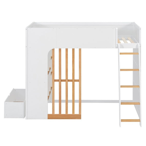 English Elm Twin High Sleeper Loft Bed with Built-In Shelves Oak Accents and Under Drawer White+Natural LT000432AAK
