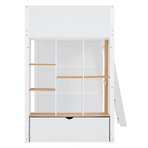 English Elm Twin High Sleeper Loft Bed with Built-In Shelves Oak Accents and Under Drawer White+Natural LT000432AAK