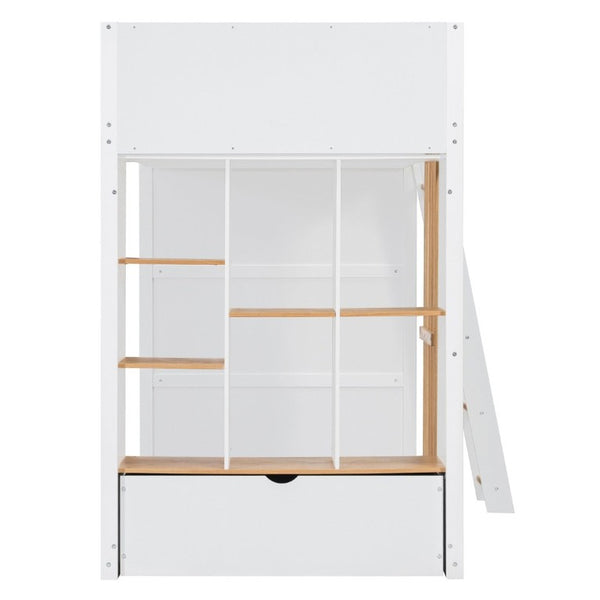 English Elm Twin High Sleeper Loft Bed with Built-In Shelves Oak Accents and Under Drawer White+Natural LT000432AAK