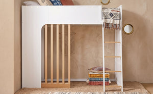 English Elm Twin High Sleeper Loft Bed with Built-In Shelves Oak Accents and Under Drawer White+Natural LT000432AAK