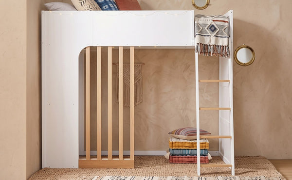 English Elm Twin High Sleeper Loft Bed with Built-In Shelves Oak Accents and Under Drawer White+Natural LT000432AAK